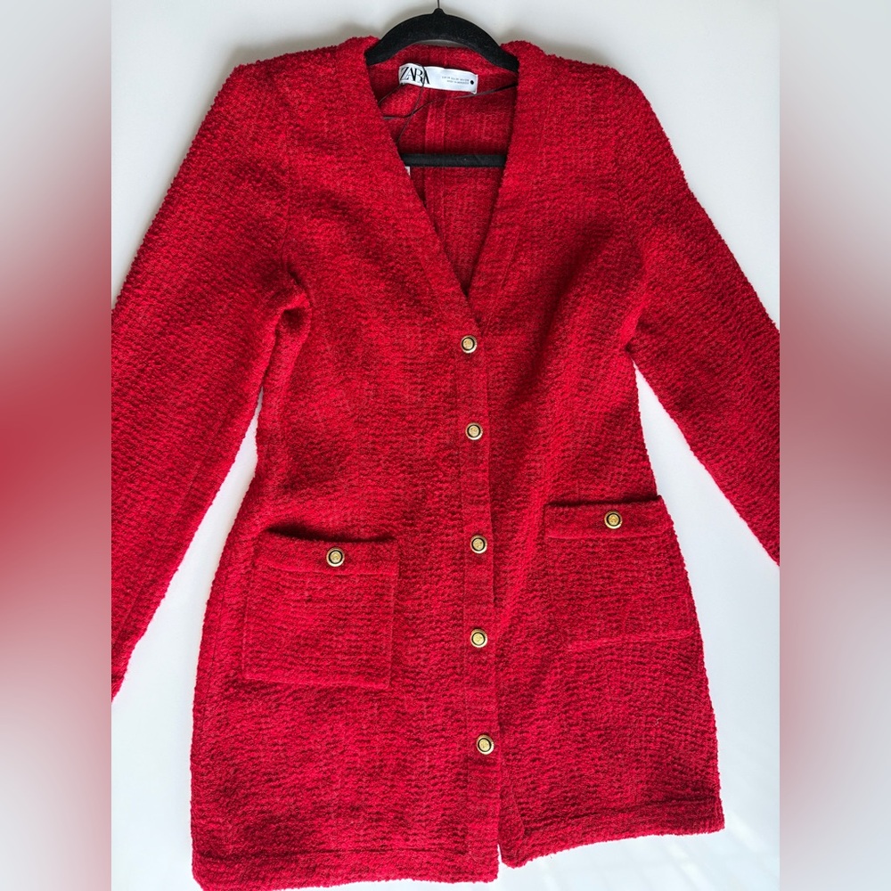 Zara Red Bouclé Long Cardigan Dress with Gold Buttons